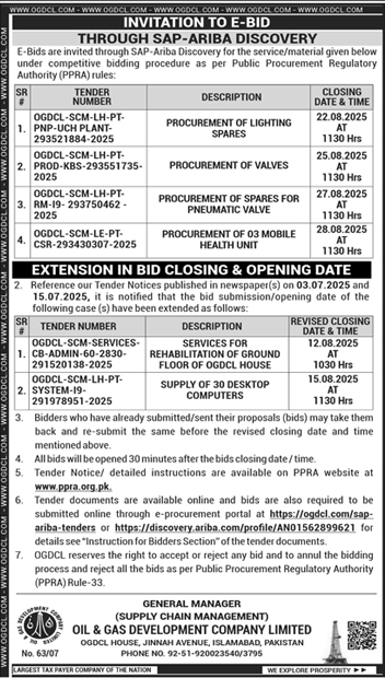 Oi & Gas Development Company Limited Islamabad Tender Notice